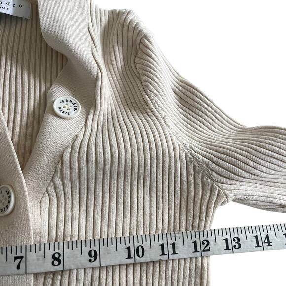Sandro Cream Wool Blend Ribbed Knit Logo Button Front Cardigan Sweater Size 2 - Picture 11 of 11